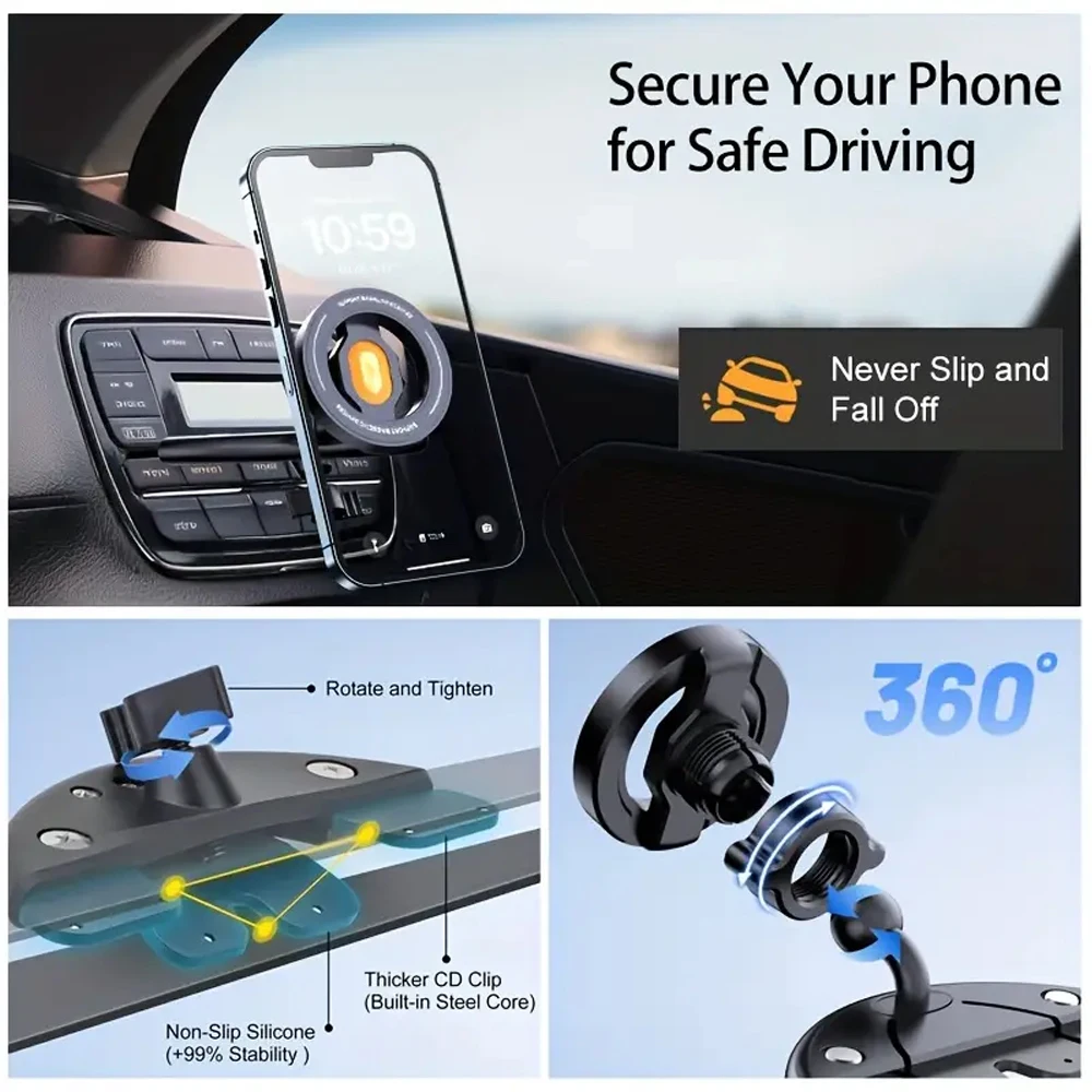 Magnetic Car CD Slot Mount Magsafe Phone Holder Universal Mobile Bracket Clip Support for IPhone 16/15/14/13/12 Samsung Xiaomi thumbnail 3