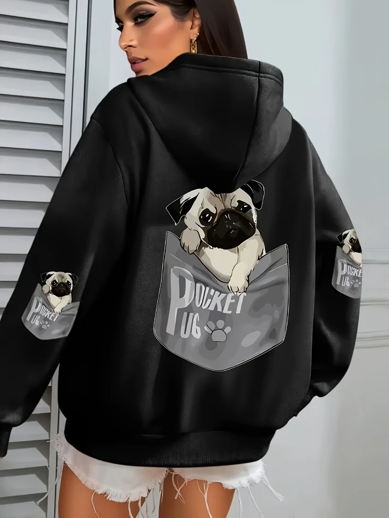 Pocket Pug Hoodies Women Cartoons dog Prints Plus Size Pockets Hoodie Winter Fleece Warm Sweatshirts Street Comfy Animal Clothes