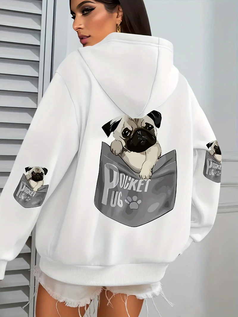 Pocket Pug Hoodies Women Cartoons dog Prints Plus Size Pockets Hoodie Winter Fleece Warm Sweatshirts Street Comfy Animal Clothes thumbnail 2