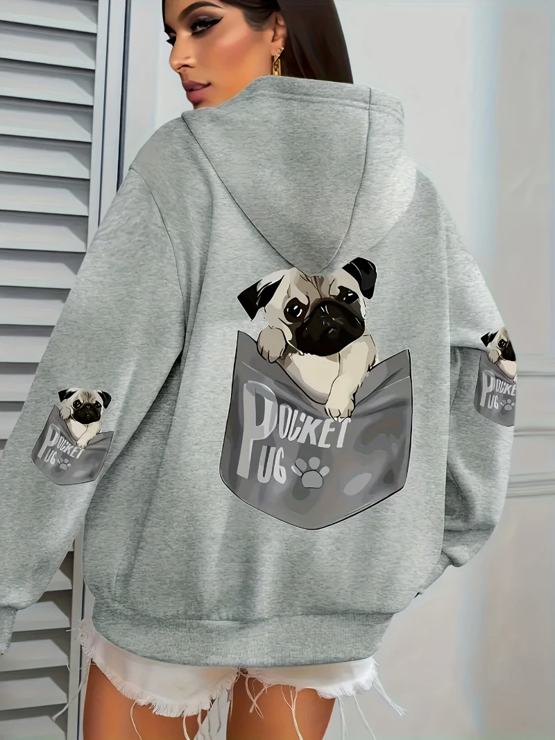 Pocket Pug Hoodies Women Cartoons dog Prints Plus Size Pockets Hoodie Winter Fleece Warm Sweatshirts Street Comfy Animal Clothes thumbnail 3