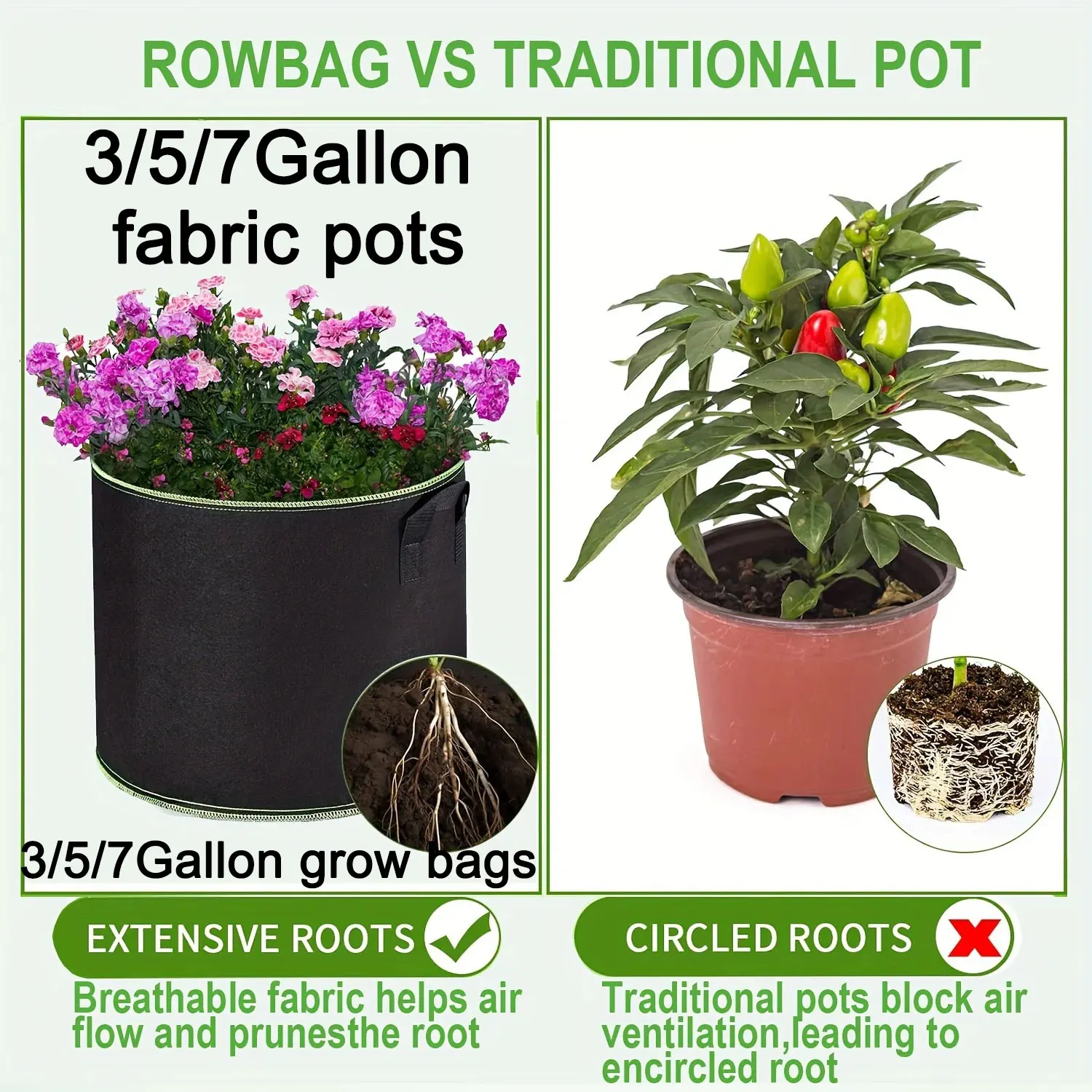 3/5/7 Gallon Grow Bags for Vegetable/Flower/Plant Fabric Pots with Handles Reinforced Aeration Planting Bags for Vegetables thumbnail 6
