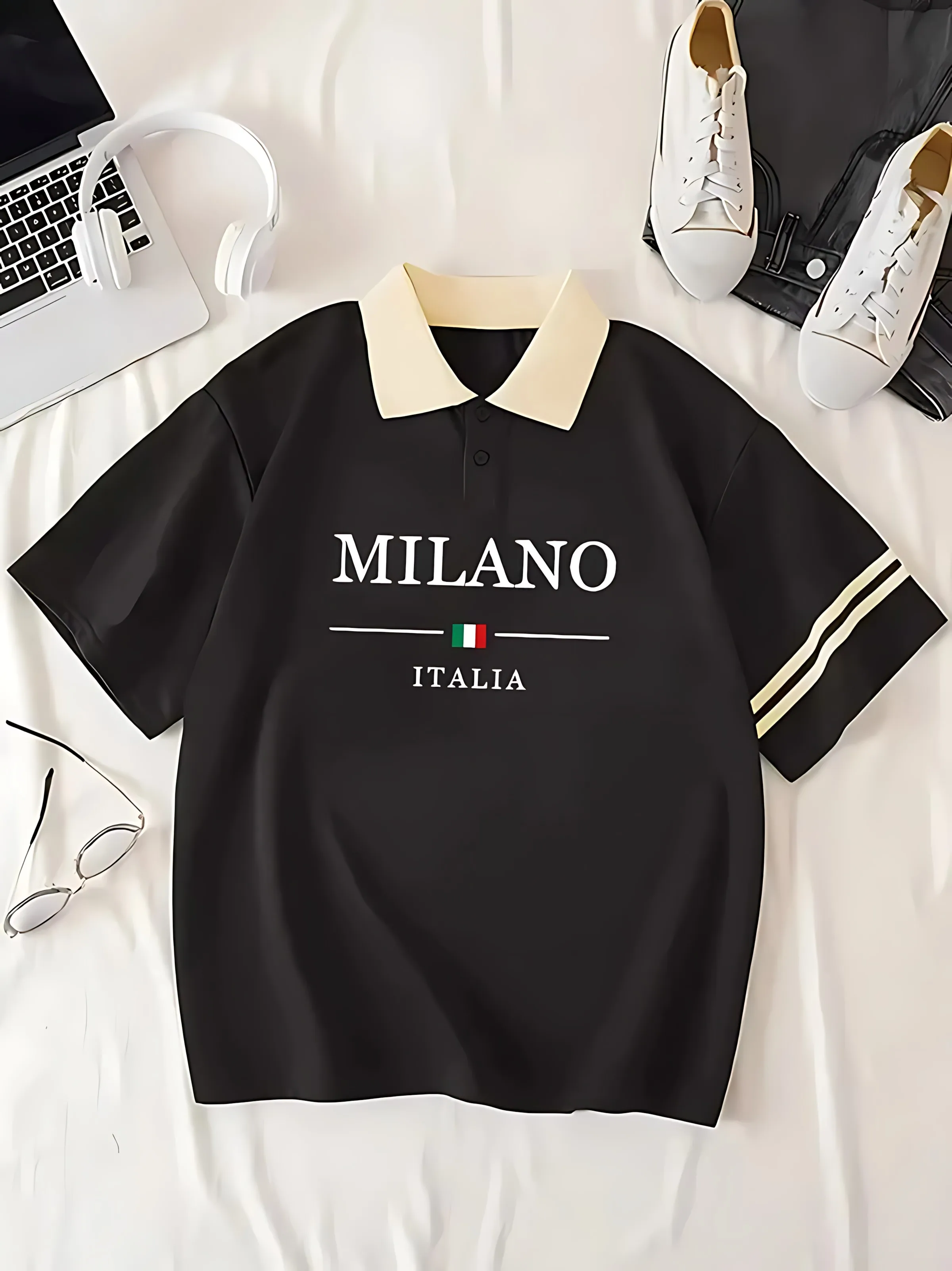 The 2025 summer new men's POLO shirt features a casual fashionable comfortable soft and breathable 3D letter pattern print