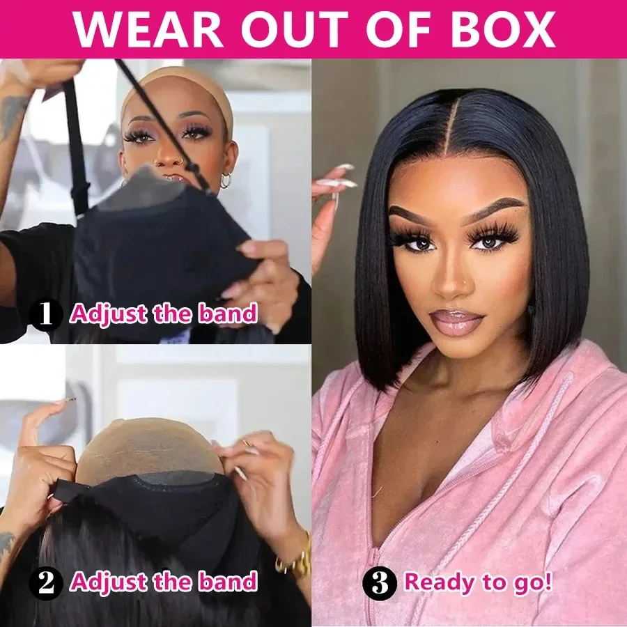 Short Straight Bob Human Hair Wigs, Full Machine Made, Pre-Cut 4x4 Lace, Elastic Drawstring, Upgraded Breathable Wigs thumbnail 3