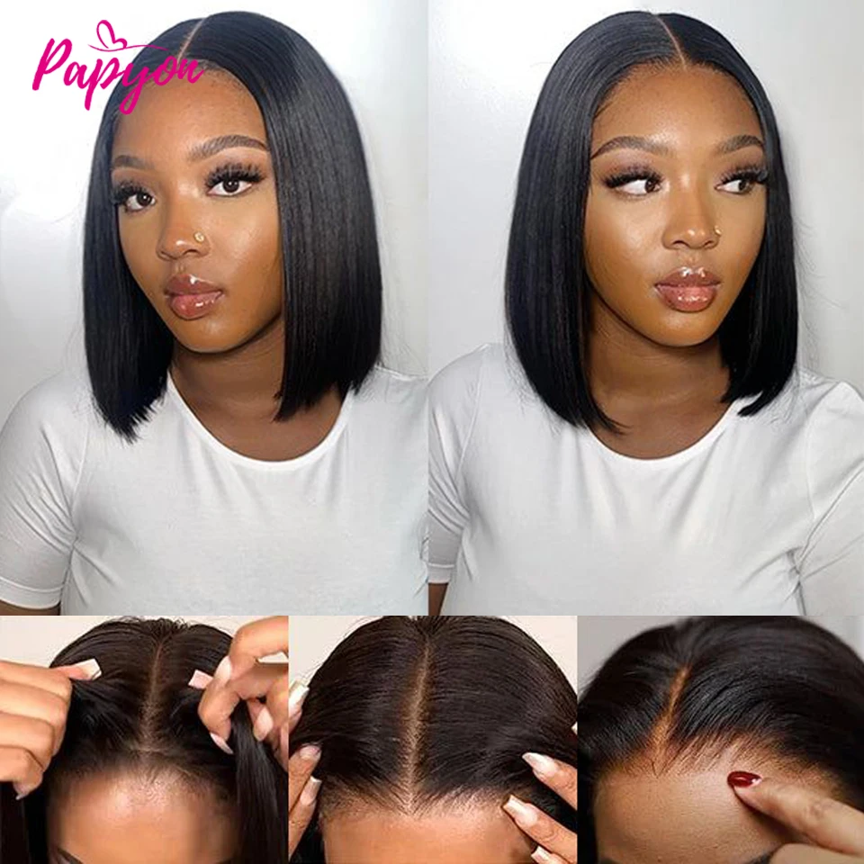 Short Straight Bob Human Hair Wigs, Full Machine Made, Pre-Cut 4x4 Lace, Elastic Drawstring, Upgraded Breathable Wigs thumbnail 4