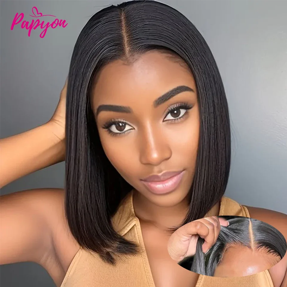 Short Straight Bob Human Hair Wigs, Full Machine Made, Pre-Cut 4x4 Lace, Elastic Drawstring, Upgraded Breathable Wigs thumbnail 5