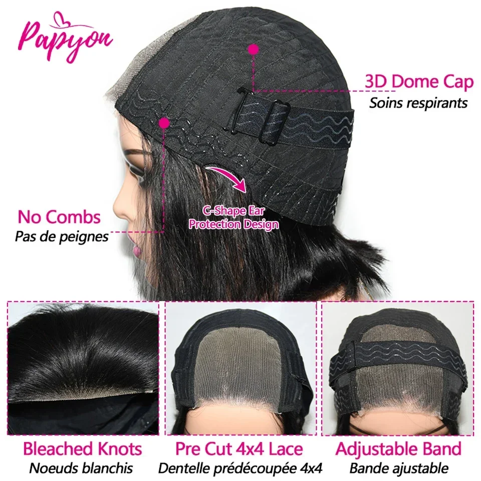 Short Straight Bob Human Hair Wigs, Full Machine Made, Pre-Cut 4x4 Lace, Elastic Drawstring, Upgraded Breathable Wigs thumbnail 6
