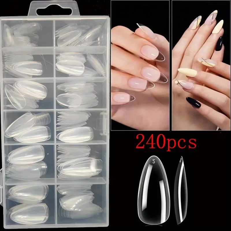 240 Transparent Nail Stickers, Including Coffin-Shaped, Almond-Shaped, Pointed, Oval, Square, and Other Shapes, 12 Different Sizes of Full Coverage Acrylic Press-On Nails, Suitable for Home DIY Nail Art and Nail Salons thumbnail 3