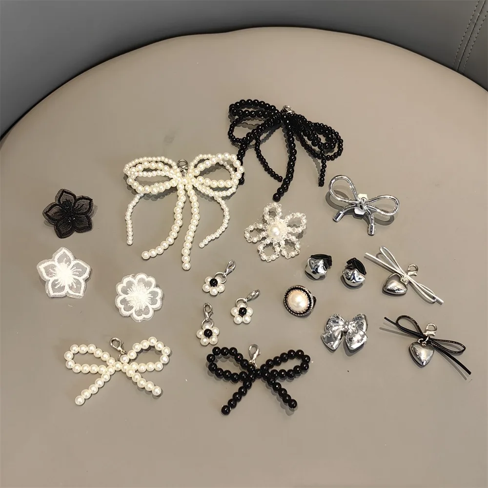 1PCS New Black/White Fairy Bow Shoe Laces with Crystal Flower Pearl Charm Buckle for Ballet Shoes Shoe Laces Decoration