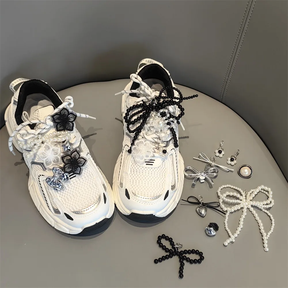1PCS New Black/White Fairy Bow Shoe Laces with Crystal Flower Pearl Charm Buckle for Ballet Shoes Shoe Laces Decoration thumbnail 2