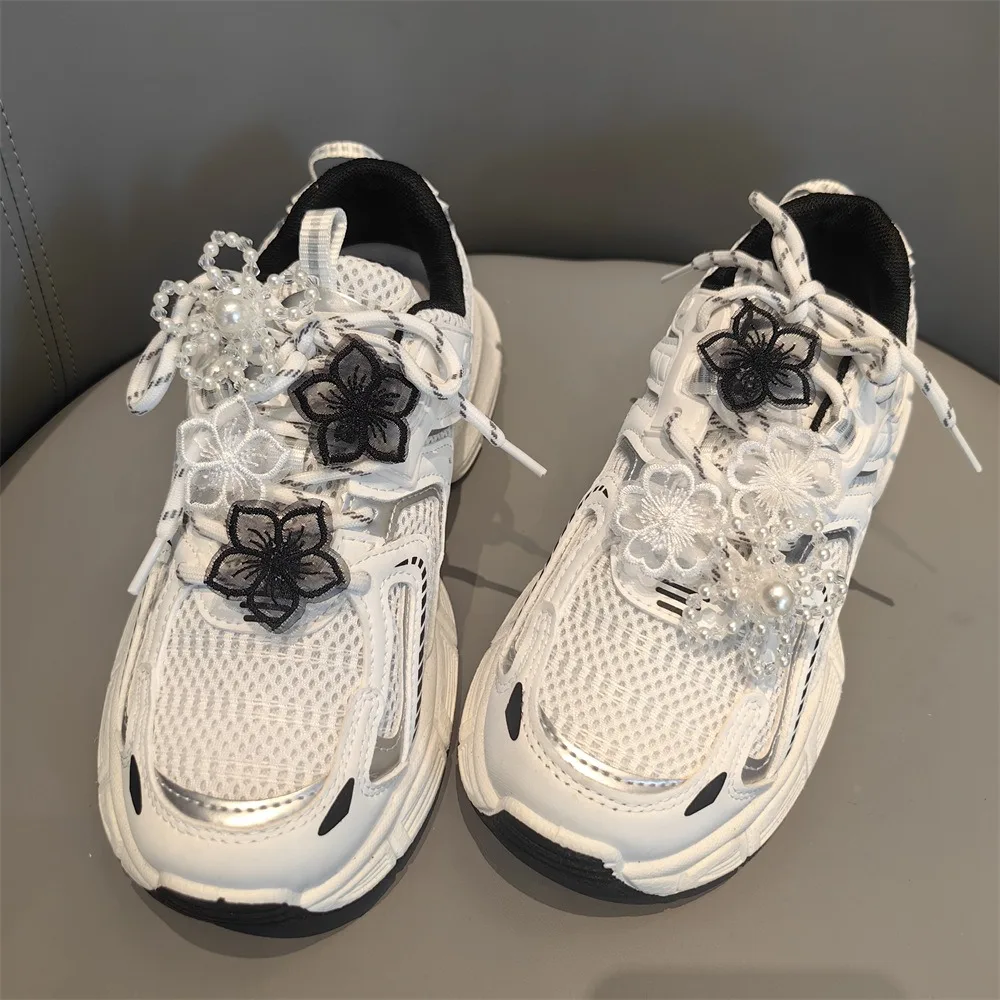 1PCS New Black/White Fairy Bow Shoe Laces with Crystal Flower Pearl Charm Buckle for Ballet Shoes Shoe Laces Decoration thumbnail 3
