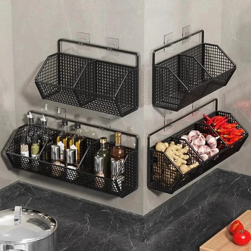 Kitchen Wall Mounted Storage Rack Onion Ginger Garlic Condiments Spice Kitchen Shelf Punch-Free Vegetable Fruit Drain Basket thumbnail 2