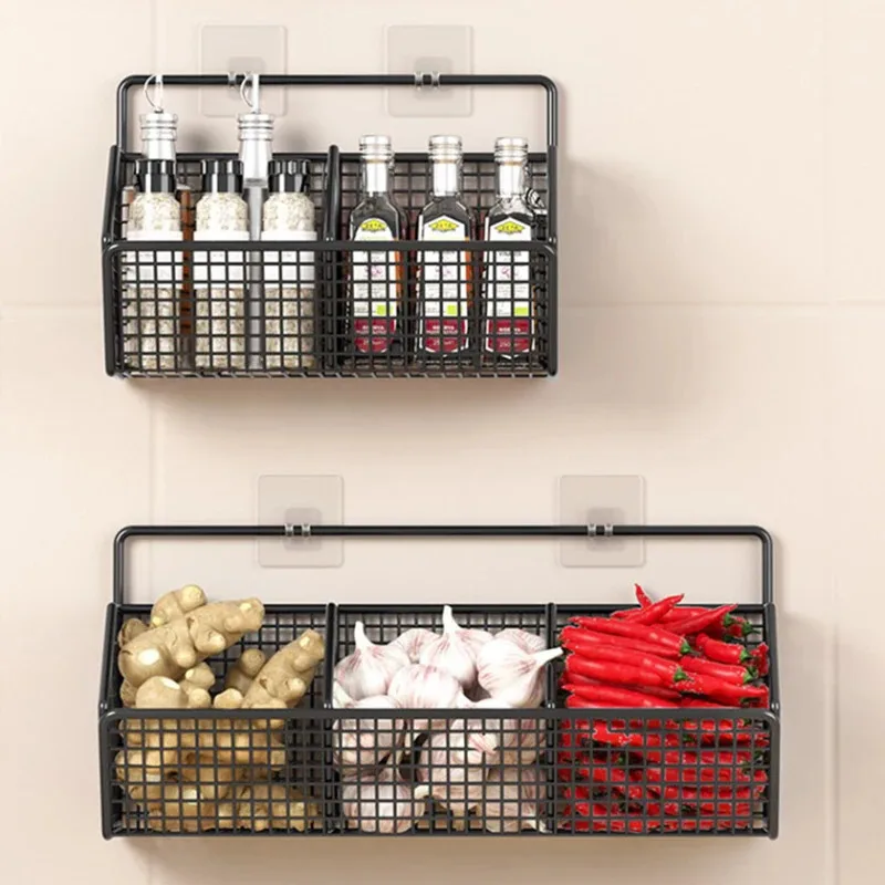 Kitchen Wall Mounted Storage Rack Onion Ginger Garlic Condiments Spice Kitchen Shelf Punch-Free Vegetable Fruit Drain Basket thumbnail 3