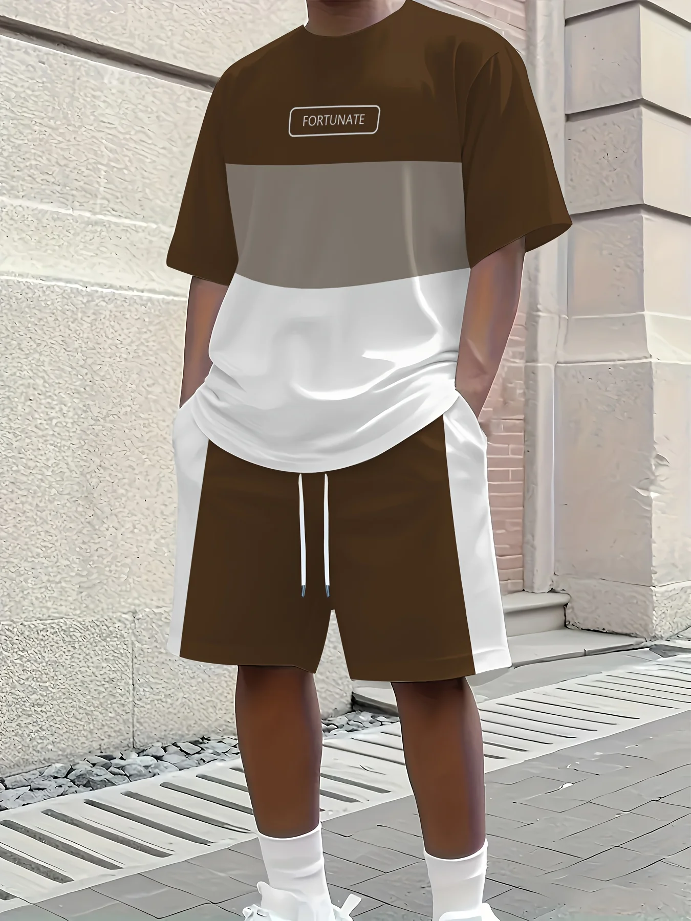 2026 Casual Men's Set Summer Apparel Color-Blocked Short-Sleeve Top Relaxed Drawstring Shorts Stylish Streetwear Ensemble thumbnail 3
