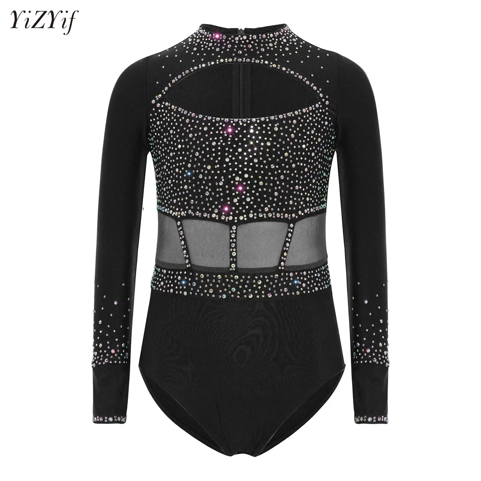 Kids Girls Rhythmic Gymnastics Figure Skating Ballet Performance Jersey Leotard Shiny Rhinestones Bodysuit Competition Costume