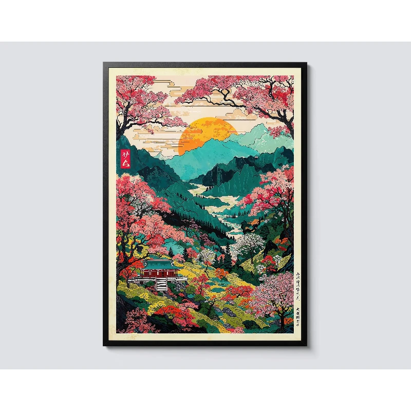 Japanese Mount Fuji Waves Canvas Print Retro Classic Sunrise Temple Landscape Poster Home Living Room Decor Gift thumbnail 5