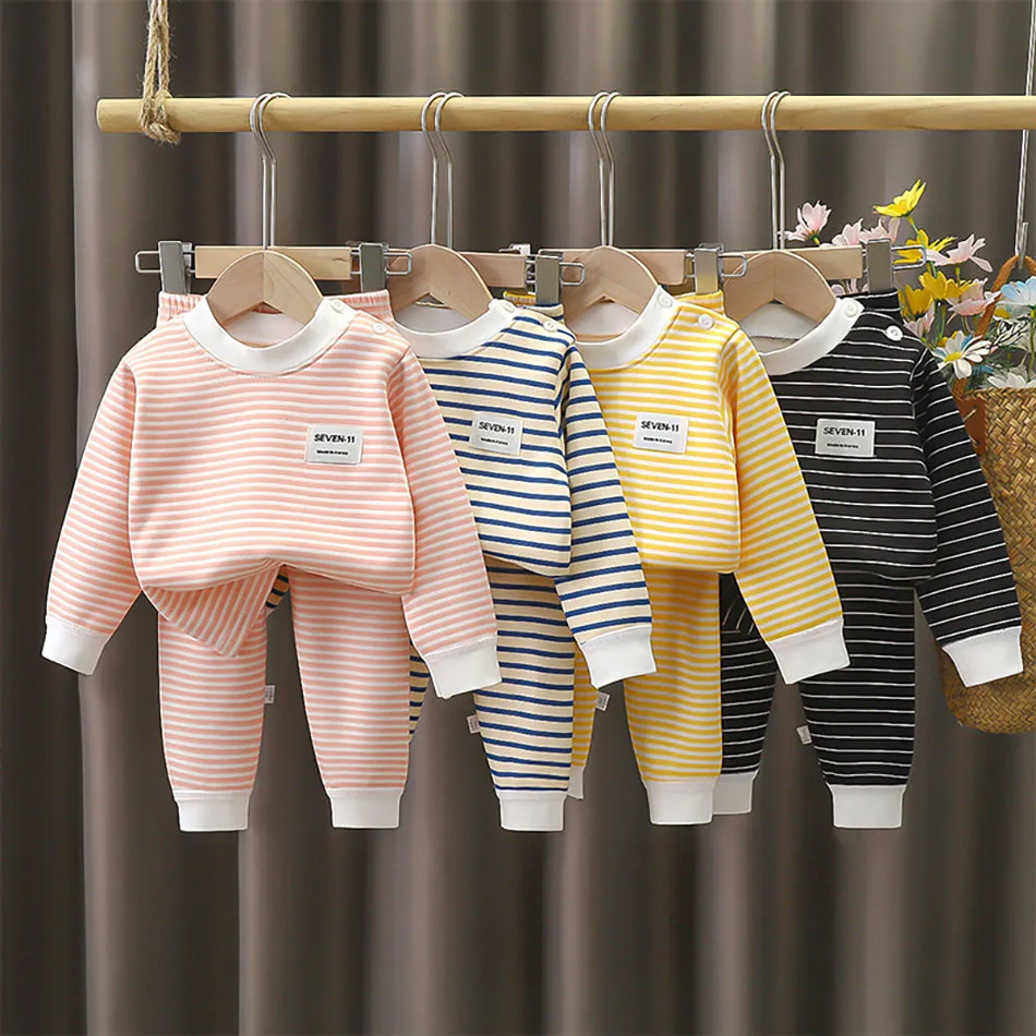 Fleece Lined Baby Clothing Set Warm Striped Underwear Sleepwear Cozy Winter Pajama Set for Infants and Toddlers Boys and Girls thumbnail 2