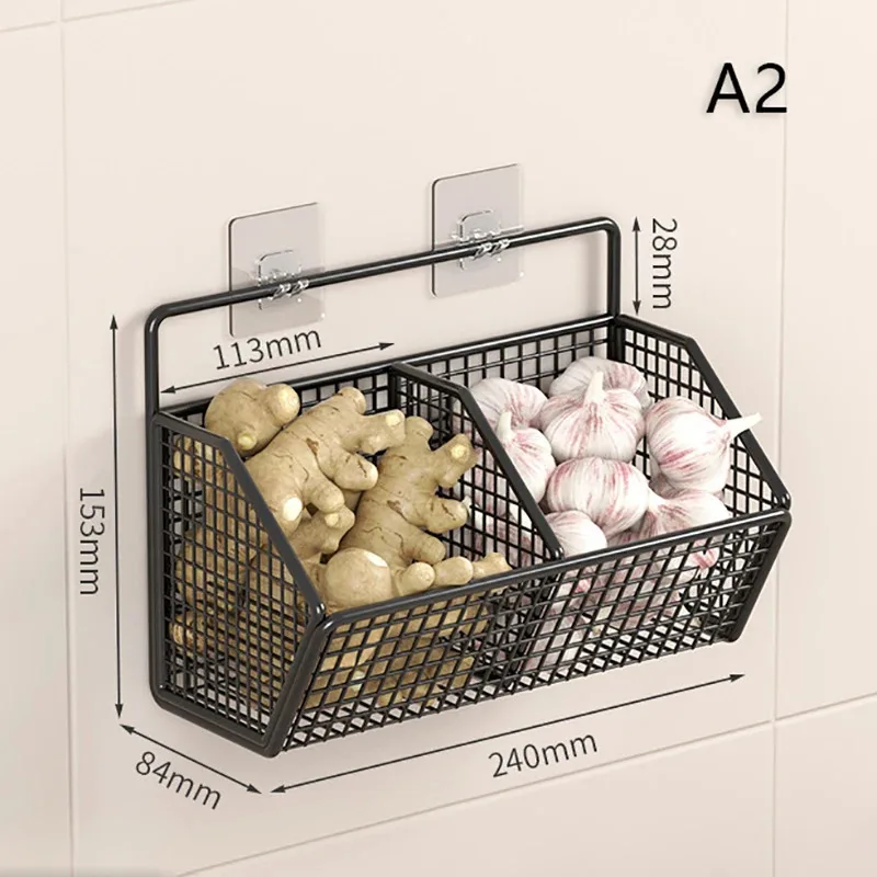 Kitchen Wall Mounted Storage Rack Onion Ginger Garlic Condiments Spice Kitchen Shelf Punch-Free Vegetable Fruit Drain Basket thumbnail 5