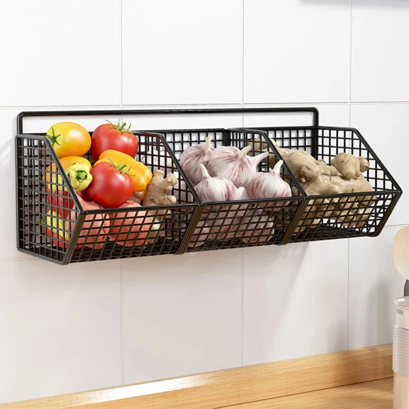 Kitchen Wall Mounted Storage Rack Onion Ginger Garlic Condiments Spice Kitchen Shelf Punch-Free Vegetable Fruit Drain Basket thumbnail 4