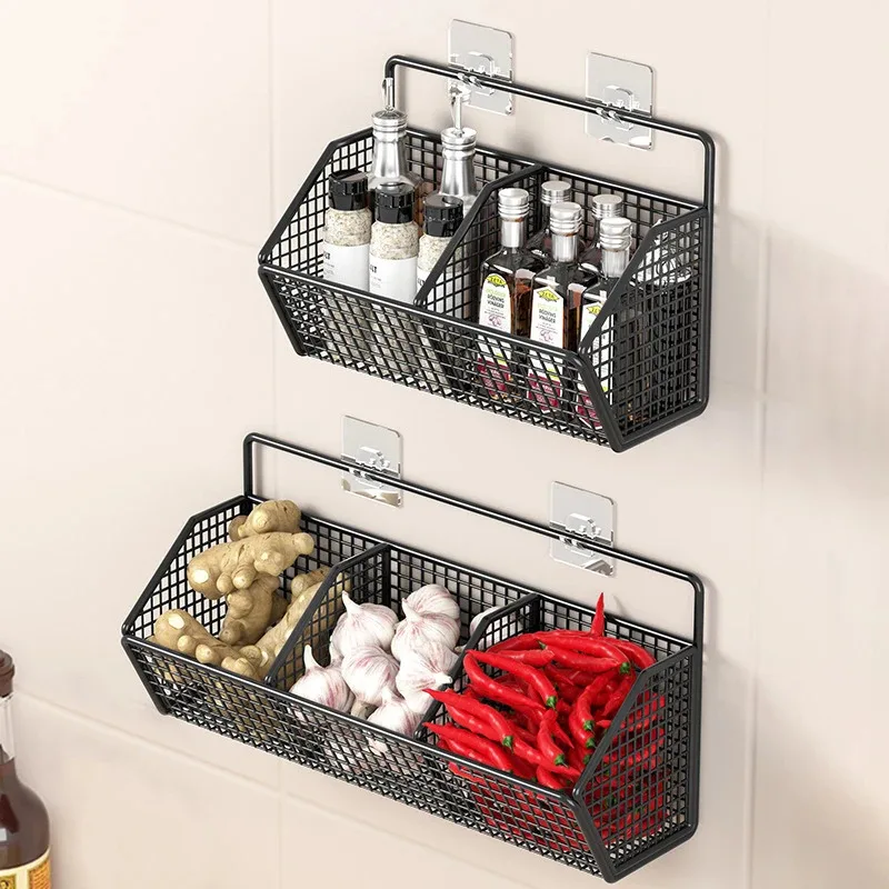 Kitchen Wall Mounted Storage Rack Onion Ginger Garlic Condiments Spice Kitchen Shelf Punch-Free Vegetable Fruit Drain Basket thumbnail 2