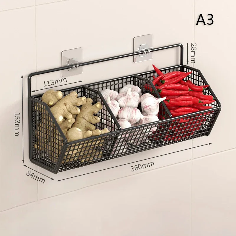 Kitchen Wall Mounted Storage Rack Onion Ginger Garlic Condiments Spice Kitchen Shelf Punch-Free Vegetable Fruit Drain Basket thumbnail 6