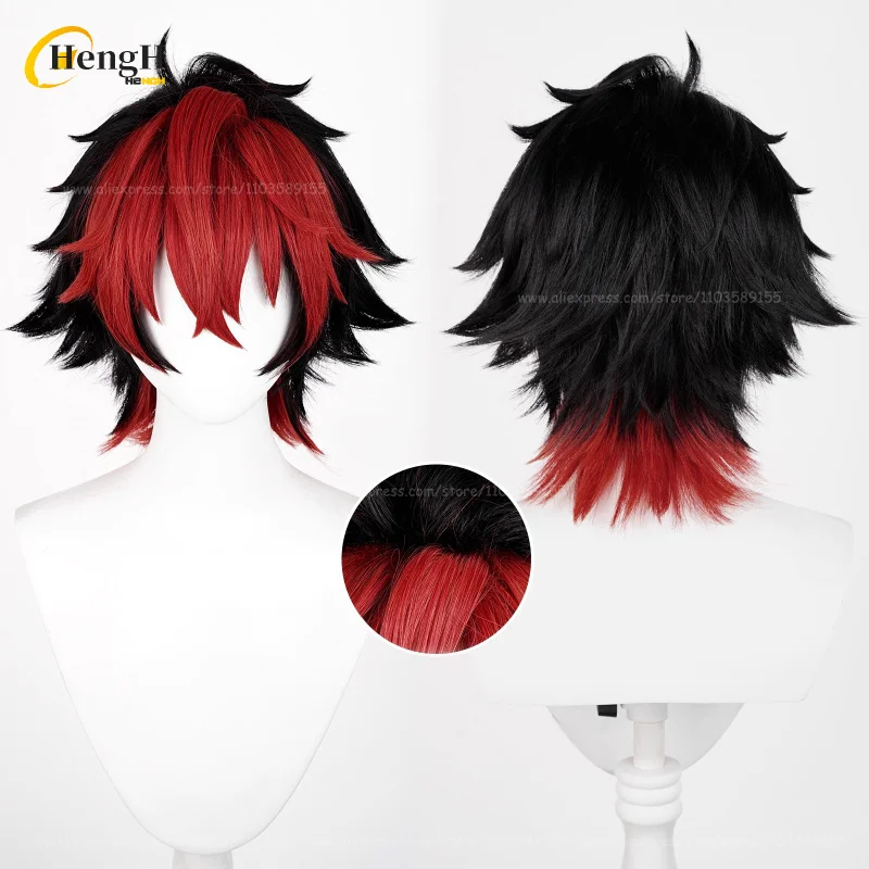 In Stock Game Komano Manato Short 32m Black Red Mixed Color Cosplay Anime Wig Heat Resistant Synthetic Hair Halloween Party Wigs thumbnail 2
