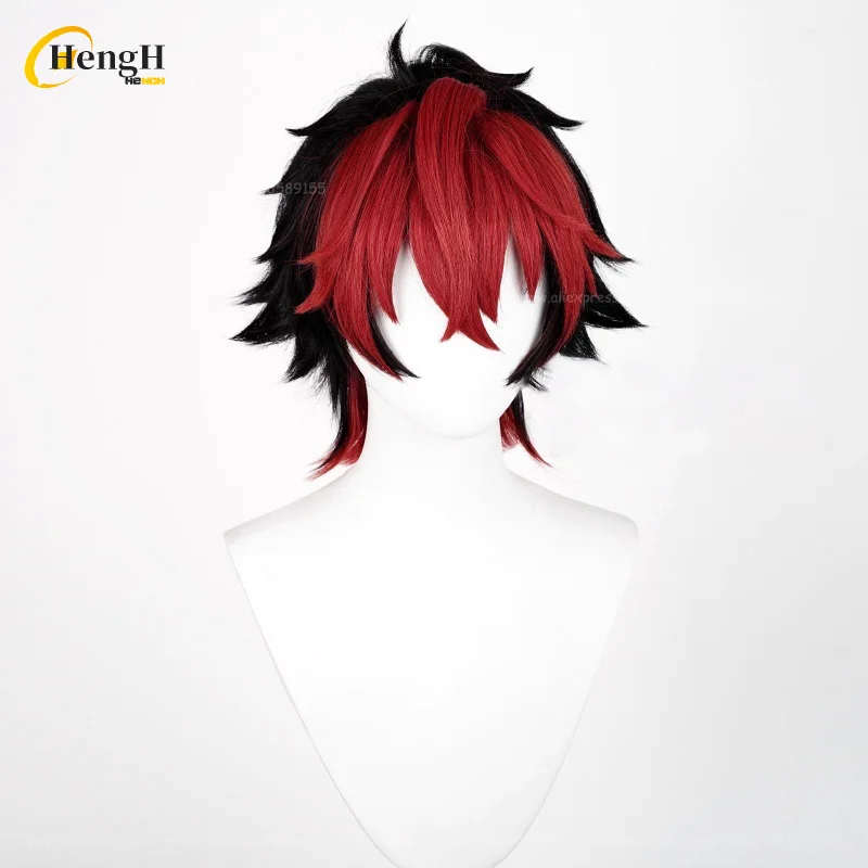 In Stock Game Komano Manato Short 32m Black Red Mixed Color Cosplay Anime Wig Heat Resistant Synthetic Hair Halloween Party Wigs thumbnail 3