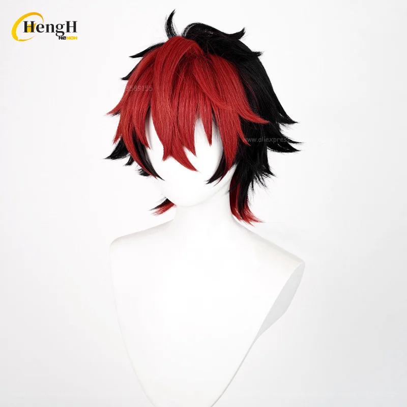 In Stock Game Komano Manato Short 32m Black Red Mixed Color Cosplay Anime Wig Heat Resistant Synthetic Hair Halloween Party Wigs thumbnail 4