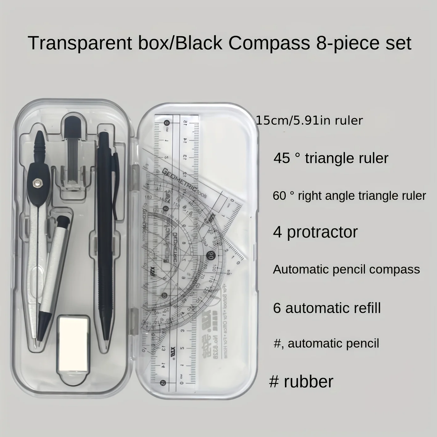Compass and Ruler Set, Geometry Math Kit with Protractor, Triangles & Eraser, Essential School Supplies for Students, Office thumbnail 3