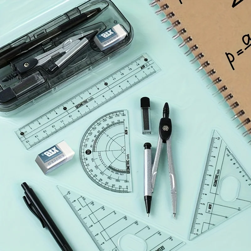 Compass and Ruler Set, Geometry Math Kit with Protractor, Triangles & Eraser, Essential School Supplies for Students, Office thumbnail 4