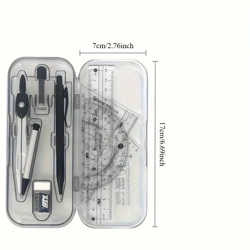 Compass and Ruler Set, Geometry Math Kit with Protractor, Triangles & Eraser, Essential School Supplies for Students, Office thumbnail 2