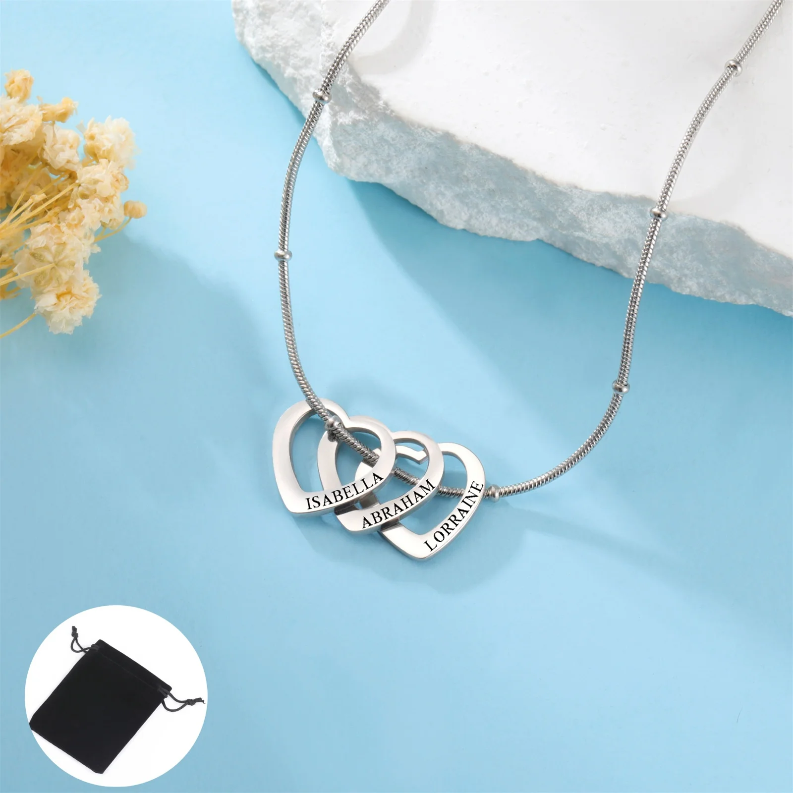 Customized Name Date Love Necklace Stainless Steel Personalized Carving Name 1-4 Heart shaped Love Necklace Couple Family Gift thumbnail 3