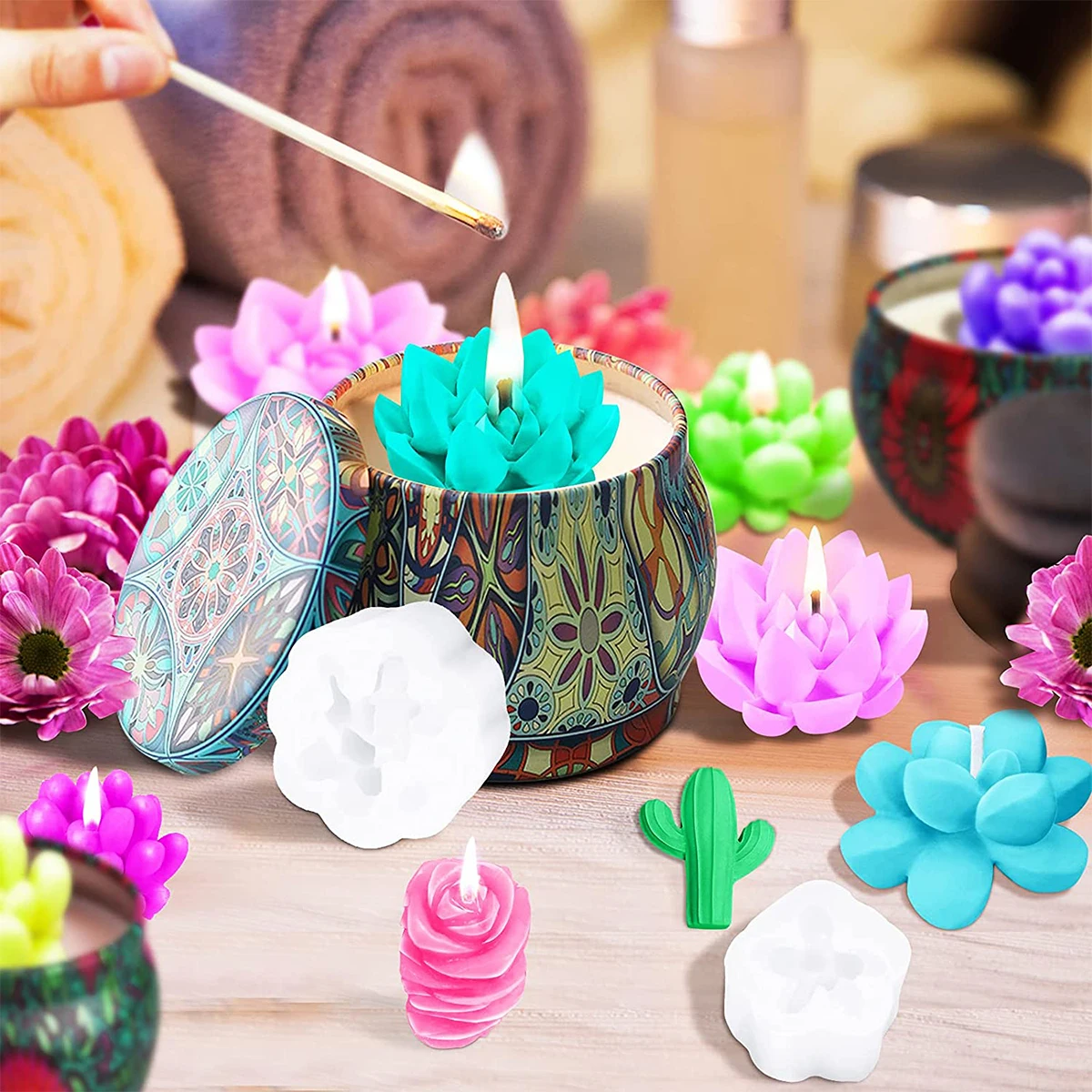 9Pcs Succulent Silicone Mold Safe Cactus Flower Resin Mold Silicone Candle Mold 3D Succulent Resin Epoxy Casting Mold Succulent thumbnail 3