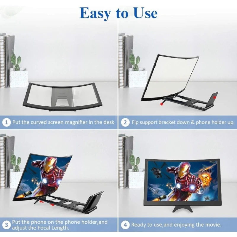 12" 3D HD Screen Magnifier Foldable Curved Lens with Phone Stand for Smartphones | Ultra-Wide Viewing Angle & Anti-Glare thumbnail 2