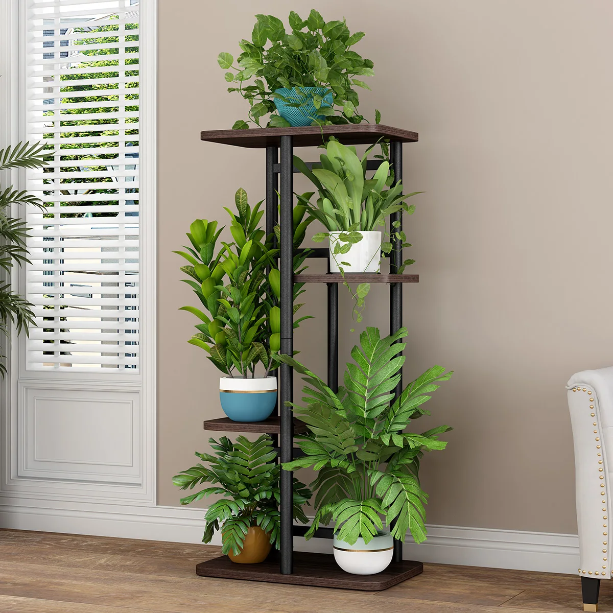 Plant Stand, Indoor Metal Flower Shelf With Wooden Reinforced Base, Anti Slip Corner Tall Flower Holders For Patio Living Room thumbnail 3