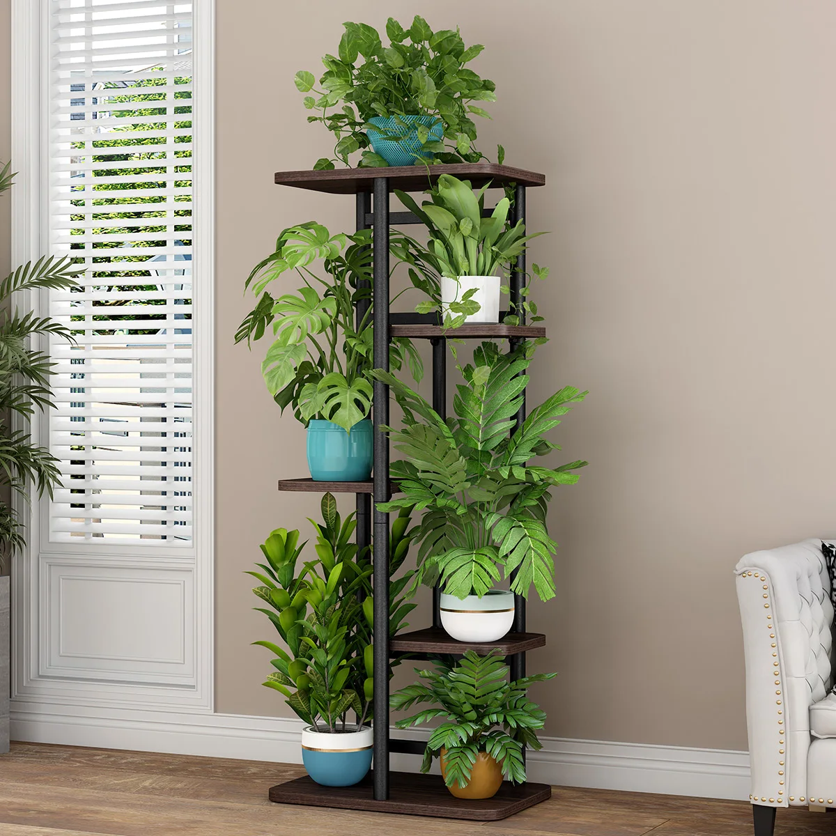 Plant Stand, Indoor Metal Flower Shelf With Wooden Reinforced Base, Anti Slip Corner Tall Flower Holders For Patio Living Room