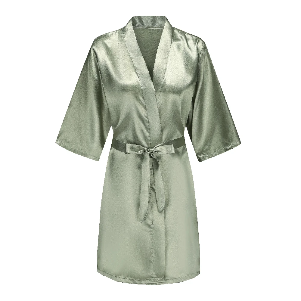 Women's Satin Robe Silk Kimono Bathrobe Pure Short Sexy Sleepwear Bridesmaid Bride Party Robes Grass Green thumbnail 6
