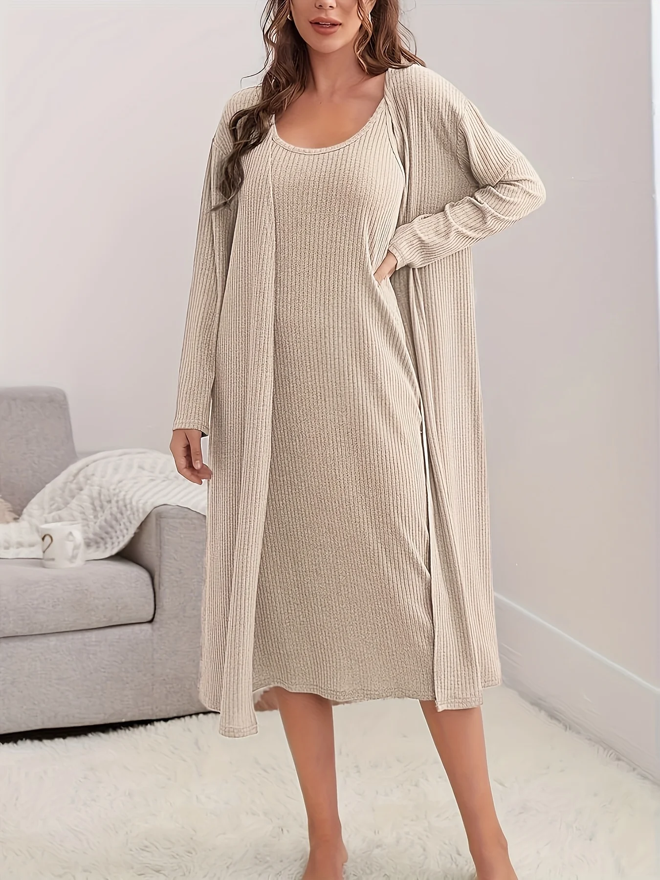 Khaki Ladies Large Size Woven Casual Set Comfortable Fashionable plus Size Outfit Women's Clothing Set Khaki thumbnail 3