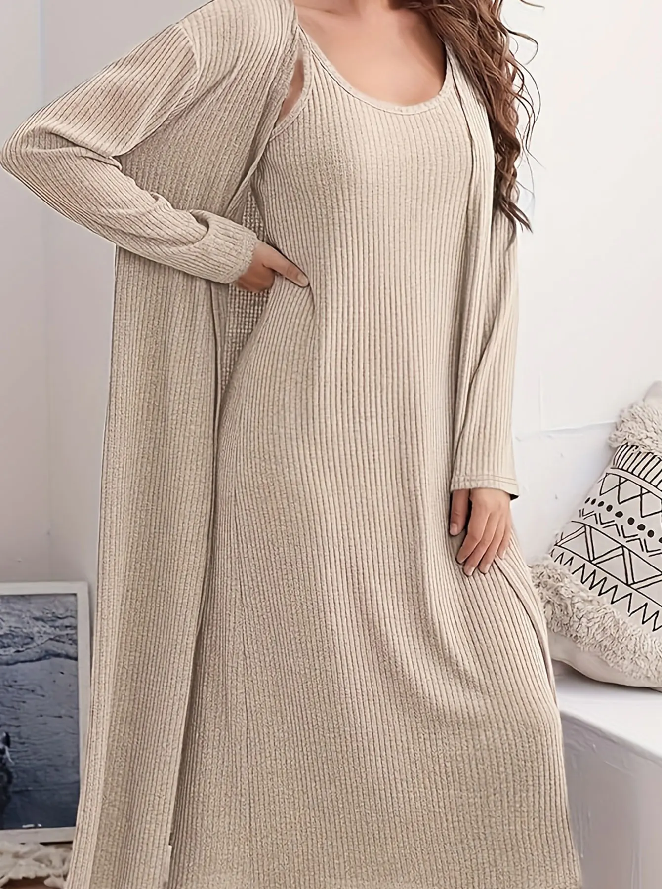 Khaki Ladies Large Size Woven Casual Set Comfortable Fashionable plus Size Outfit Women's Clothing Set Khaki thumbnail 6