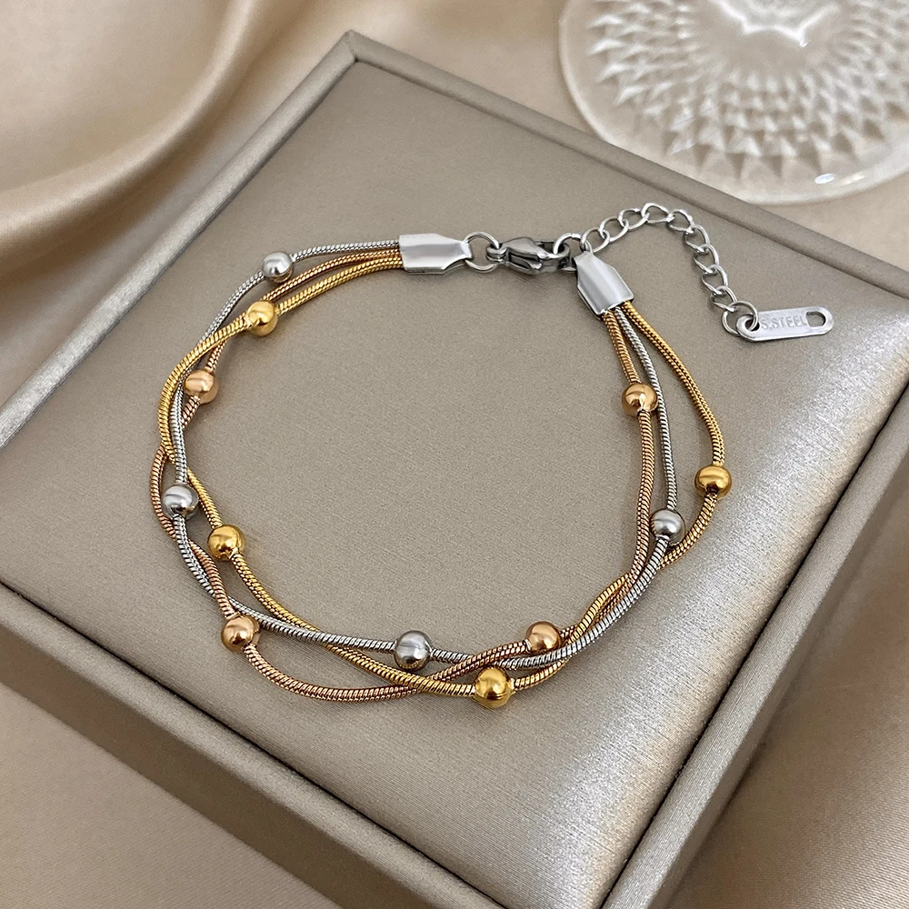 Stylish Gold Silver Color Stainless Steel Adjustable Bracelet for Women Elegant Multilayer Wrap Beaded Bracelets Party Jewelry thumbnail 3