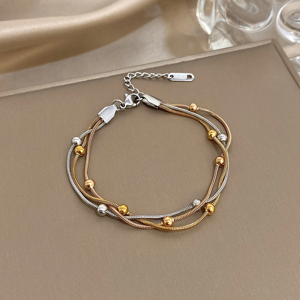 Stylish Gold Silver Color Stainless Steel Adjustable Bracelet for Women Elegant Multilayer Wrap Beaded Bracelets Party Jewelry thumbnail 5