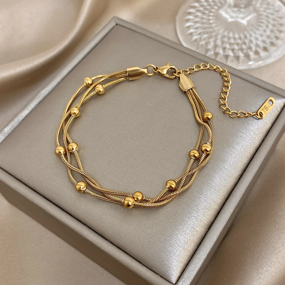Stylish Gold Silver Color Stainless Steel Adjustable Bracelet for Women Elegant Multilayer Wrap Beaded Bracelets Party Jewelry thumbnail 2