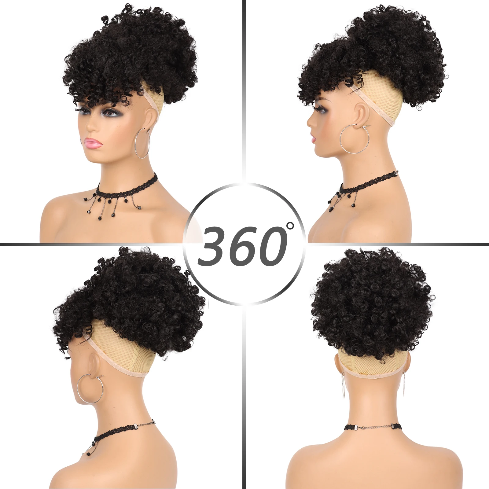 Synthetic Wig Ponytail Extensions Afro High Puff Hair Bun Drawstring With Bangs Short Kinky Curly Clip for Black Women Daily thumbnail 4
