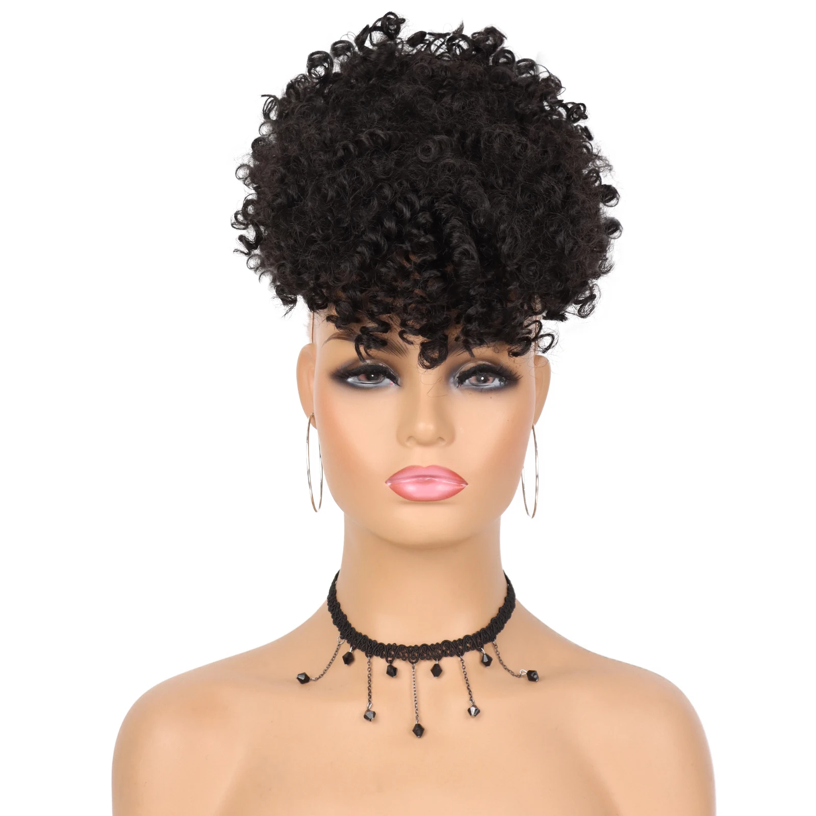 Synthetic Wig Ponytail Extensions Afro High Puff Hair Bun Drawstring With Bangs Short Kinky Curly Clip for Black Women Daily thumbnail 2