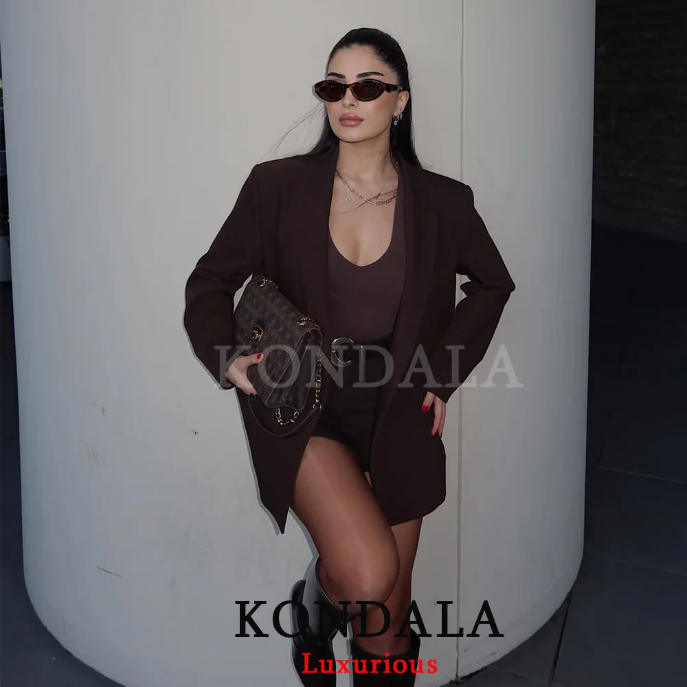 KONDALA Office Lady Chocolate Brown Women Suits V Neck Double Button Blazer Belt Mini Shorts Skirt Fashion 2025 Vintage Sets thumbnail 4