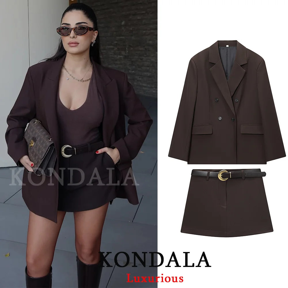 KONDALA Office Lady Chocolate Brown Women Suits V Neck Double Button Blazer Belt Mini Shorts Skirt Fashion 2025 Vintage Sets