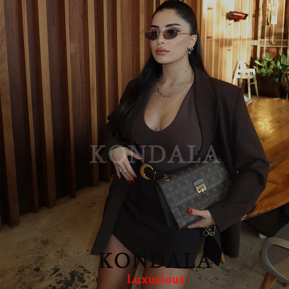 KONDALA Office Lady Chocolate Brown Women Suits V Neck Double Button Blazer Belt Mini Shorts Skirt Fashion 2025 Vintage Sets thumbnail 3