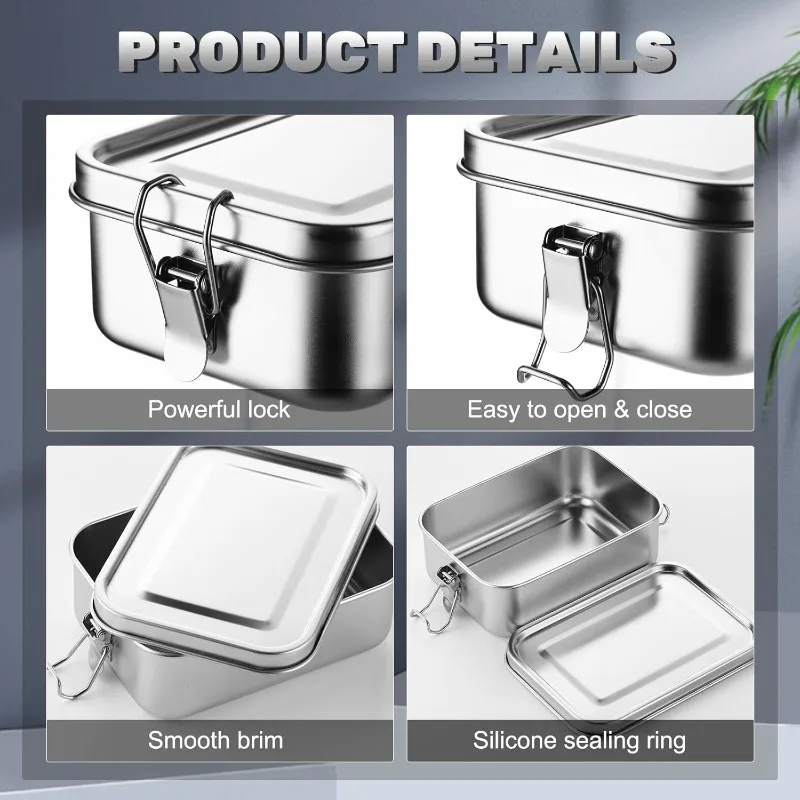Containers with Lockable Clips Lunch Snack Boxes for Work,School Stainless Steel Bento Box Metal Lunch Box Food Storage thumbnail 3
