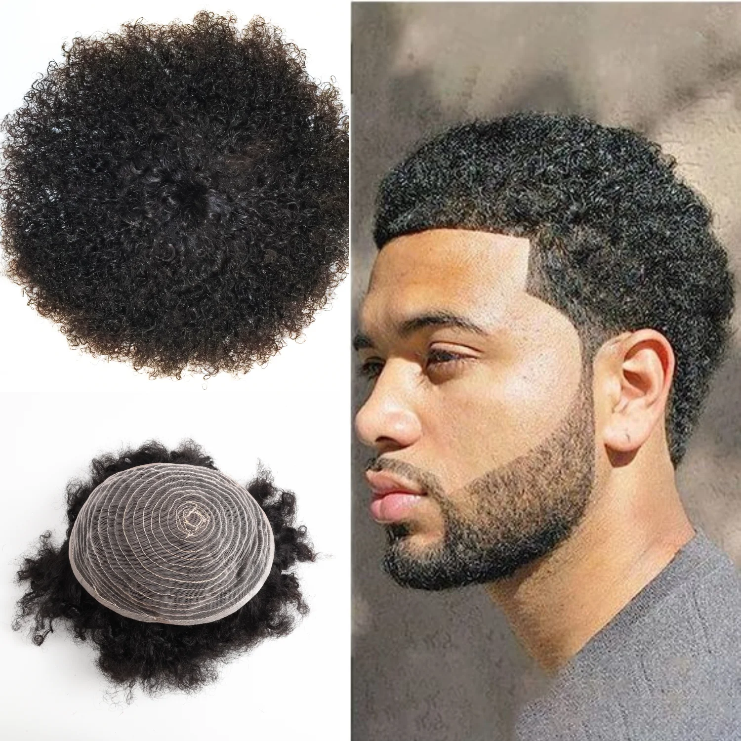 DESHI Toupee Topper Afro Style 100% Human Hair Full Machine Made Hairpiece Kinky Curly African American Mens Wigs