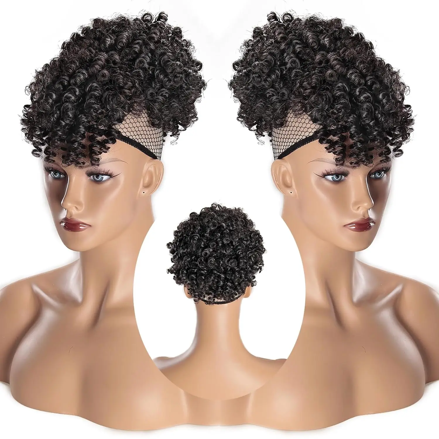 Afro Puff Drawstring Ponytail with Bangs Pineapple Updo Hair for Black Women, Short Kinky Curly Synthetic Ponytail Bun thumbnail 2