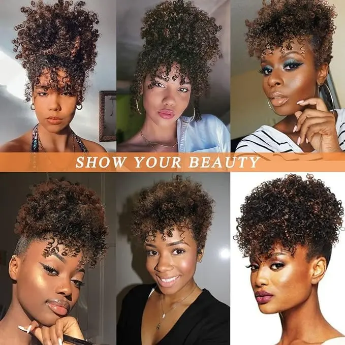 Afro Puff Drawstring Ponytail with Bangs Pineapple Updo Hair for Black Women, Short Kinky Curly Synthetic Ponytail Bun thumbnail 6